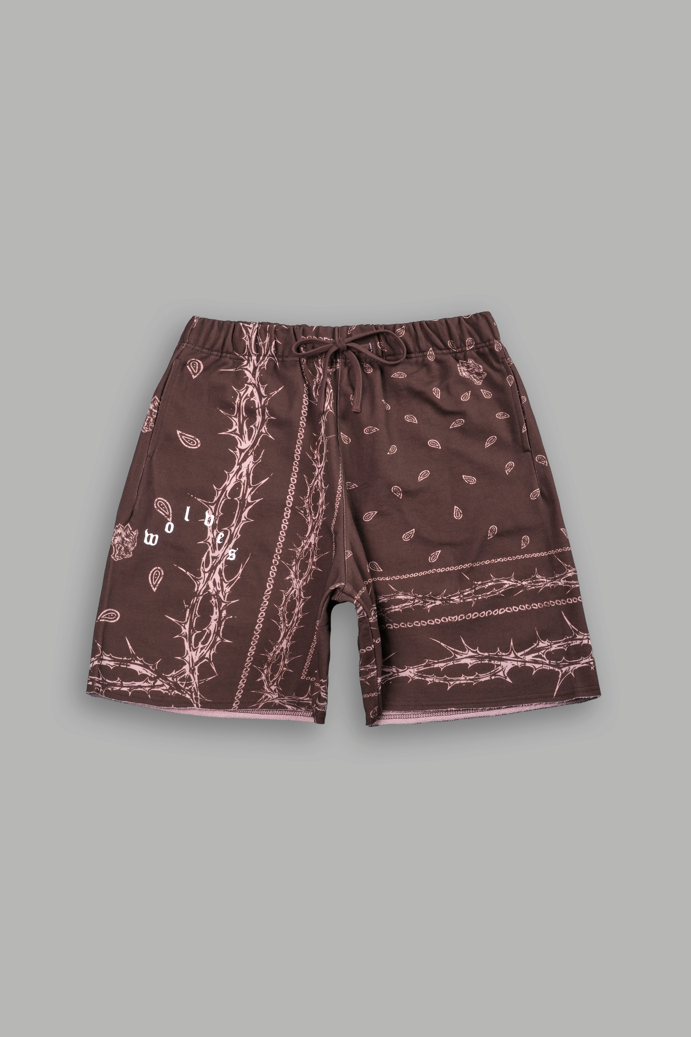 Wolves Pyramid Grunge Oversized Raw Hem Post Lounge Sweat Shorts in Desert Dust Thorn Paisley