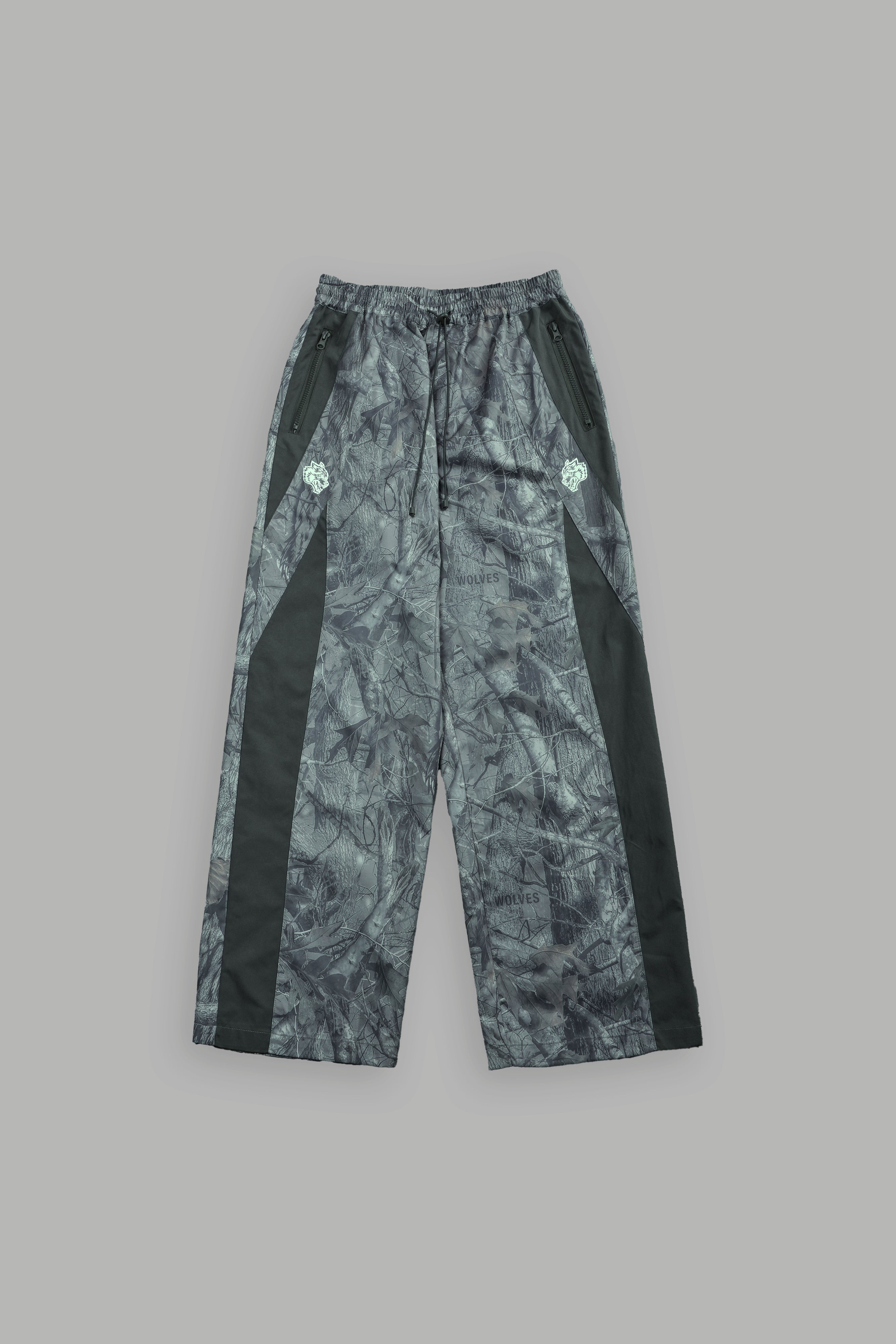 Dual Wolf Chopper Brolic Unisex Track Pants in Driftwood Wolf Forest Camo