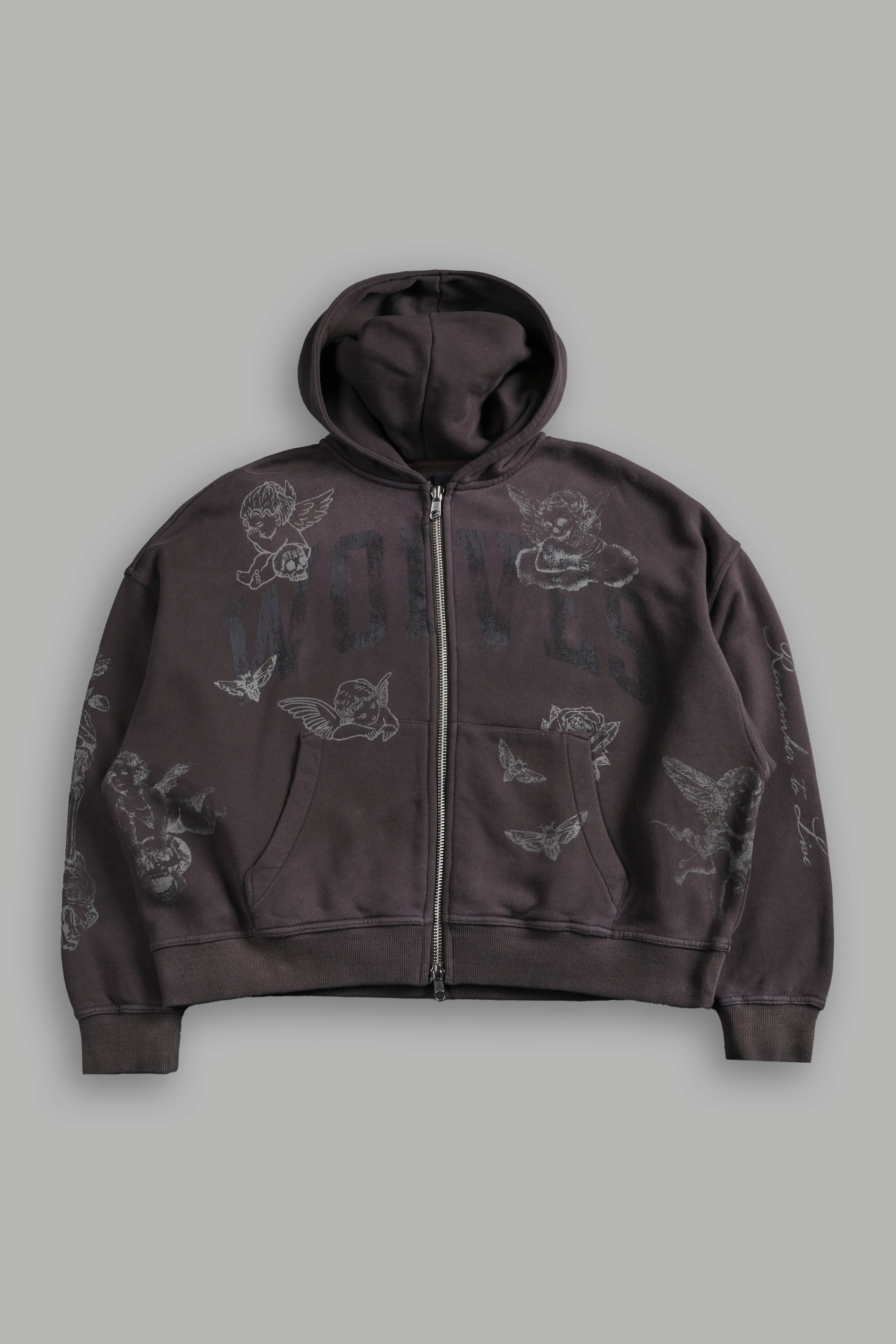 Fallen Cherub Vex Double Zip Hoodie in Darc Brown Drift Wash