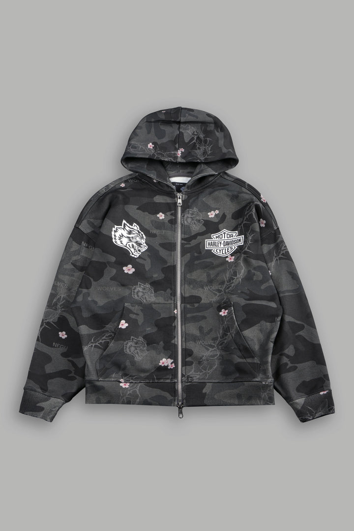 H-D Wolves Anya Double Zip Hoodie in Warrior In A Garden Black Camo