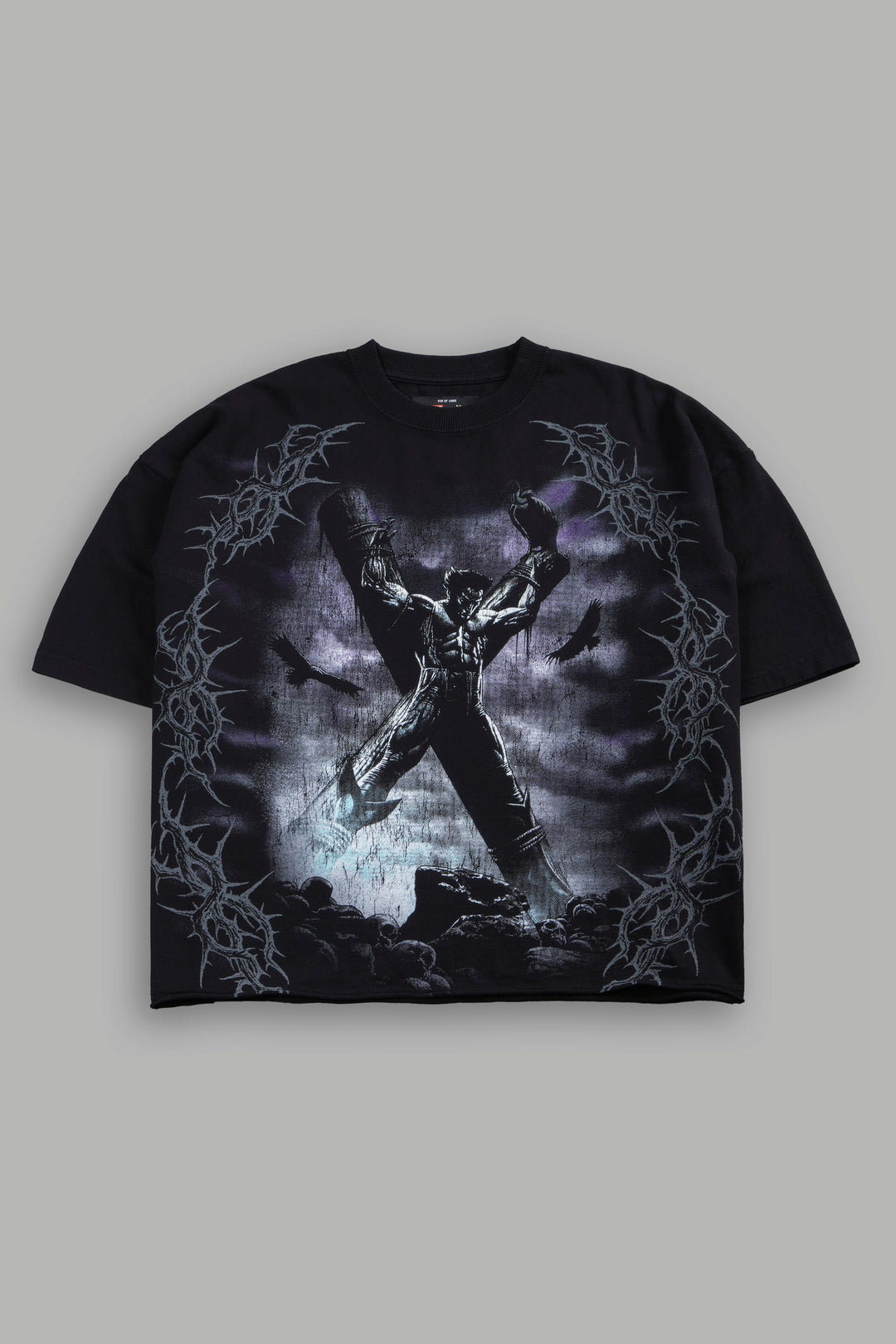 Wolverine Crucifix Grunge Raw Hem Box Cut Tee in Black