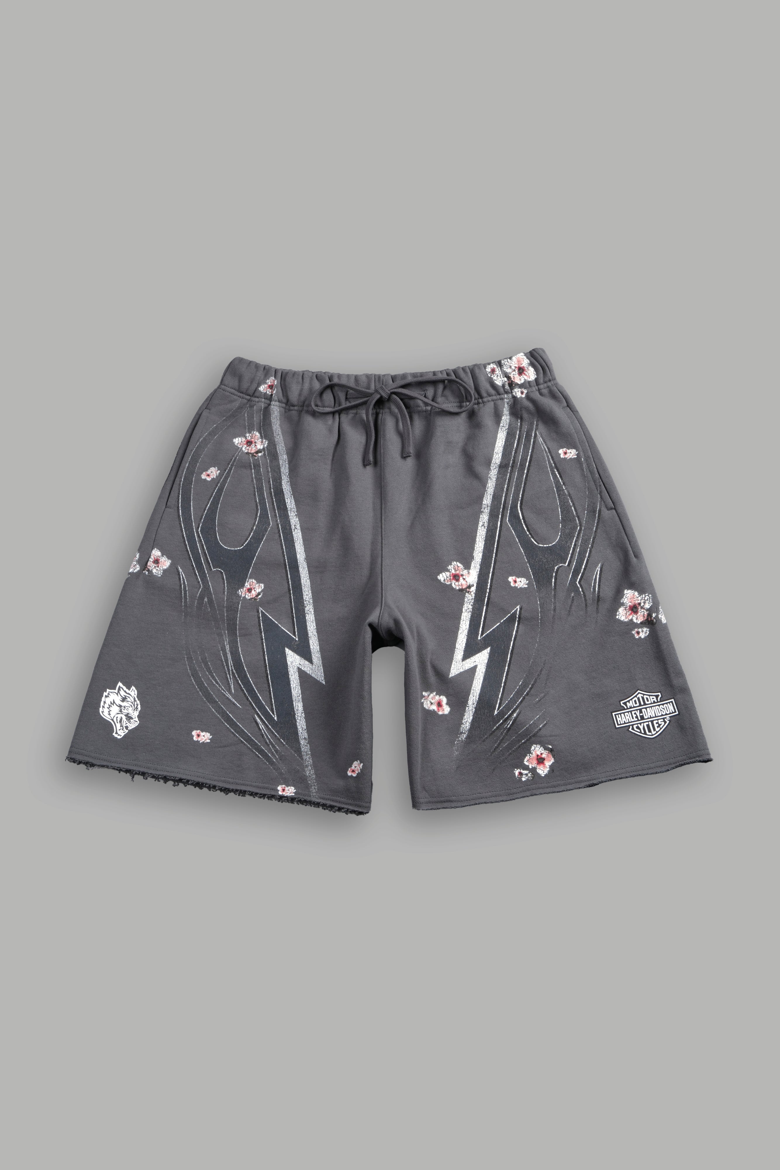 Iron Sakura Grunge Oversized Raw Hem Post Lounge Sweat Shorts in Slate Gray