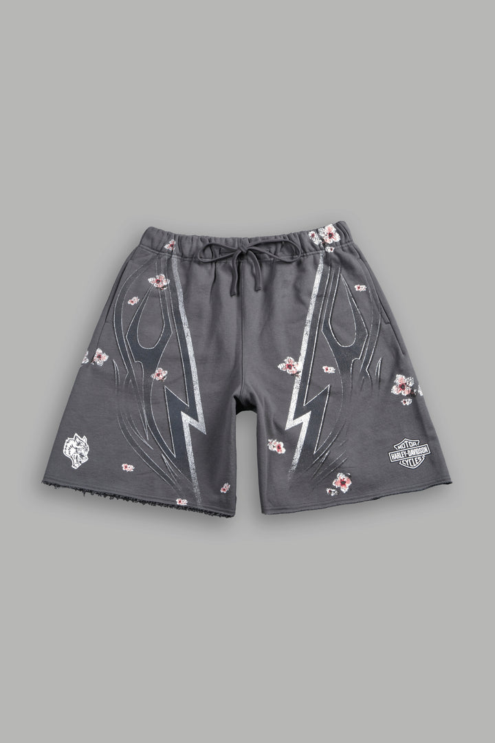 Iron Sakura Grunge Oversized Raw Hem Post Lounge Sweat Shorts in Slate Gray