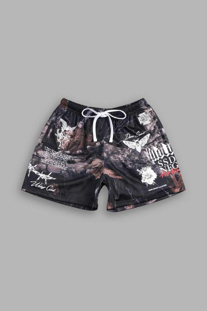 Everlasting Mesh Shorts in Darc Brown Woodland Camo