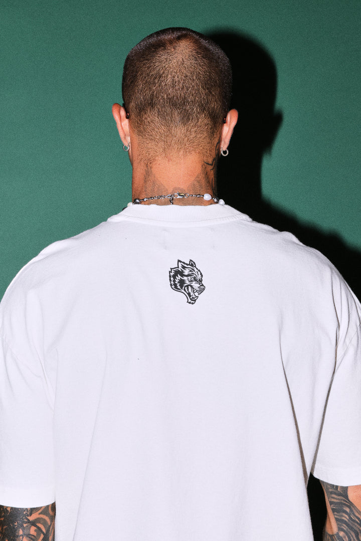 Oni Cherub Distressed Grunge Mid Length Raw Hem Tee in Cream