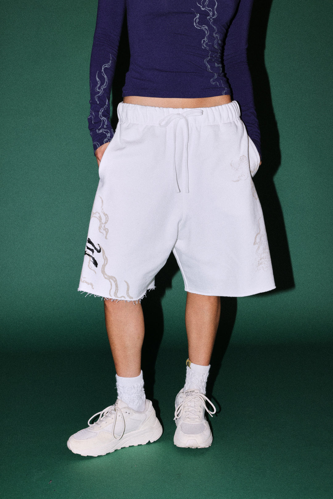 Kokuryu Grunge Oversized Raw Hem Post Lounge Sweat Shorts in Cream