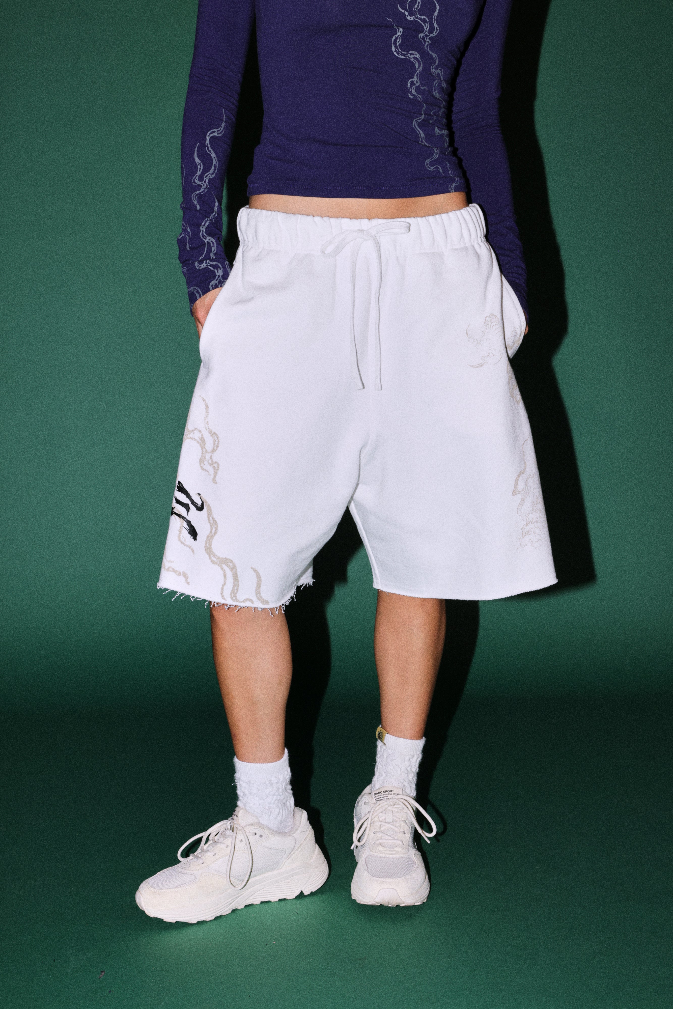 Kokuryu Grunge Oversized Raw Hem Post Lounge Sweat Shorts in Cream