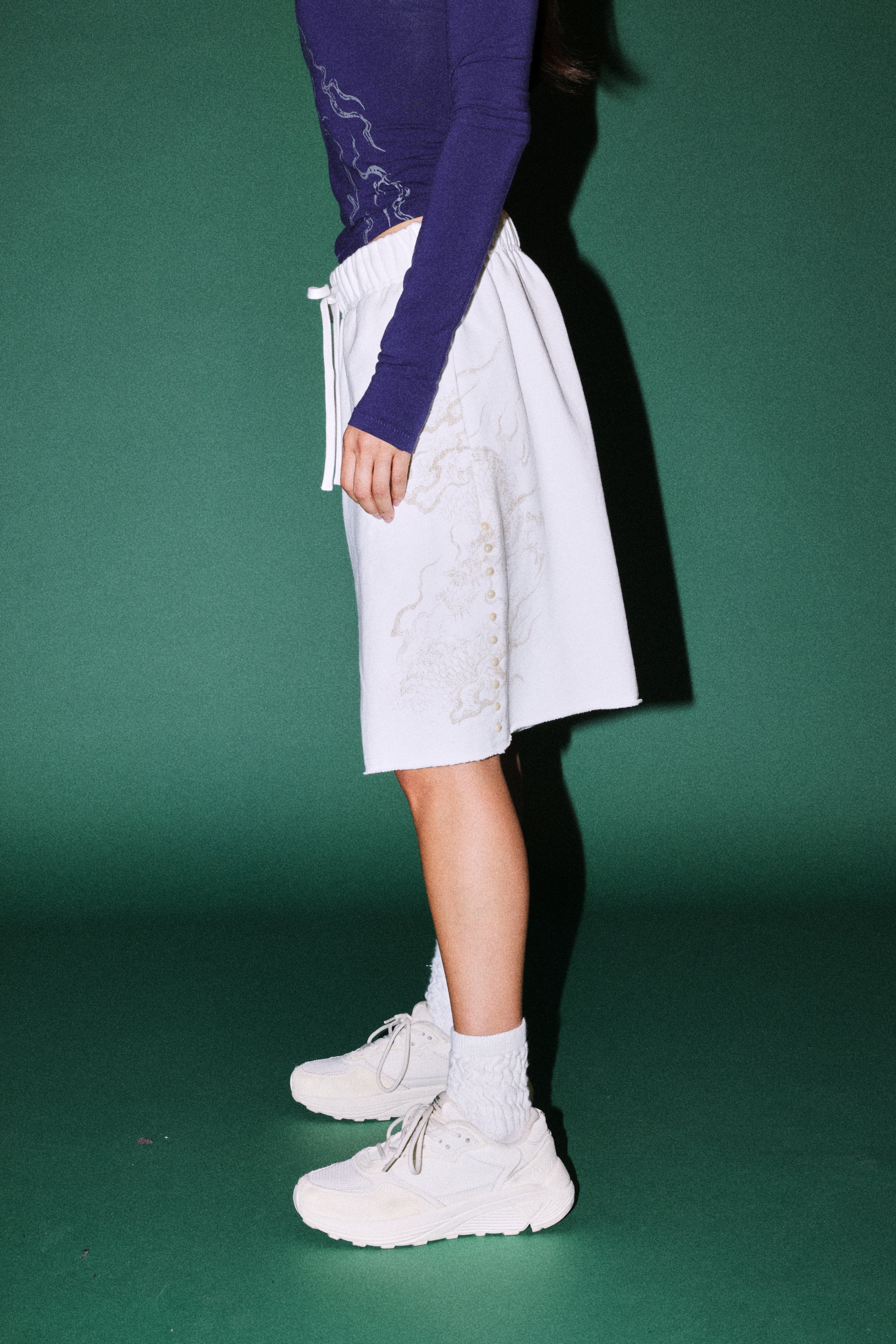 Kokuryu Grunge Oversized Raw Hem Post Lounge Sweat Shorts in Cream