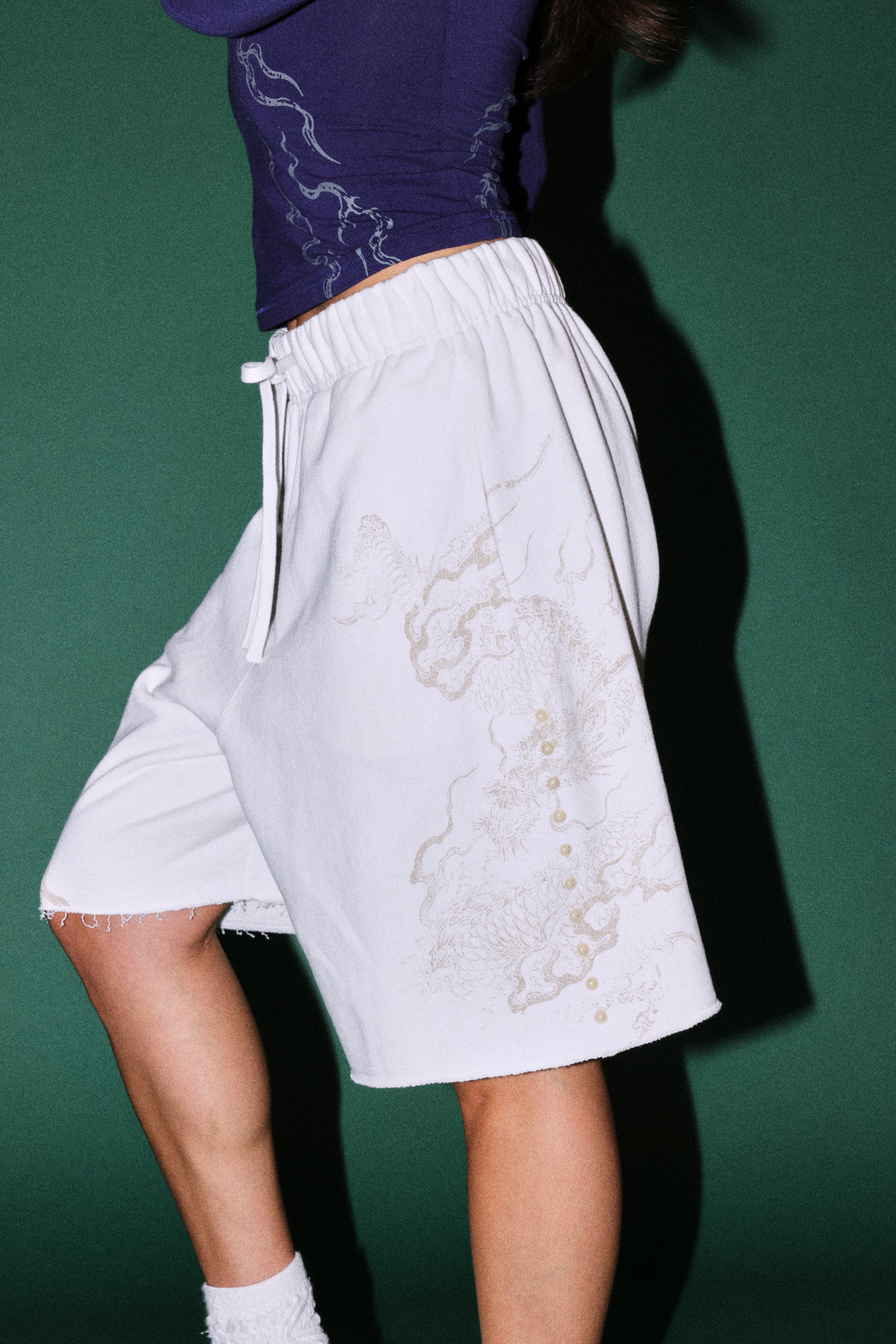 Kokuryu Grunge Oversized Raw Hem Post Lounge Sweat Shorts in Cream