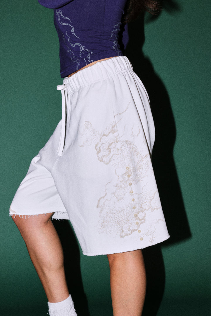 Kokuryu Grunge Oversized Raw Hem Post Lounge Sweat Shorts in Cream