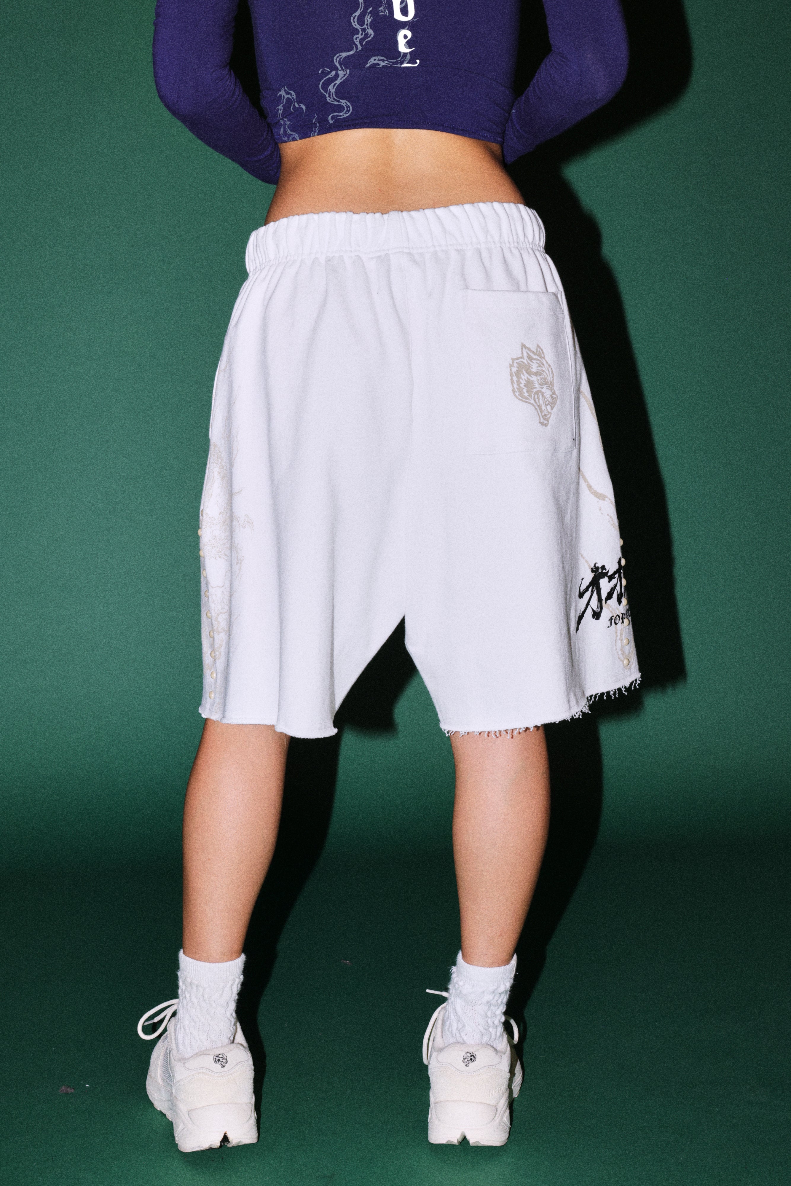 Kokuryu Grunge Oversized Raw Hem Post Lounge Sweat Shorts in Cream