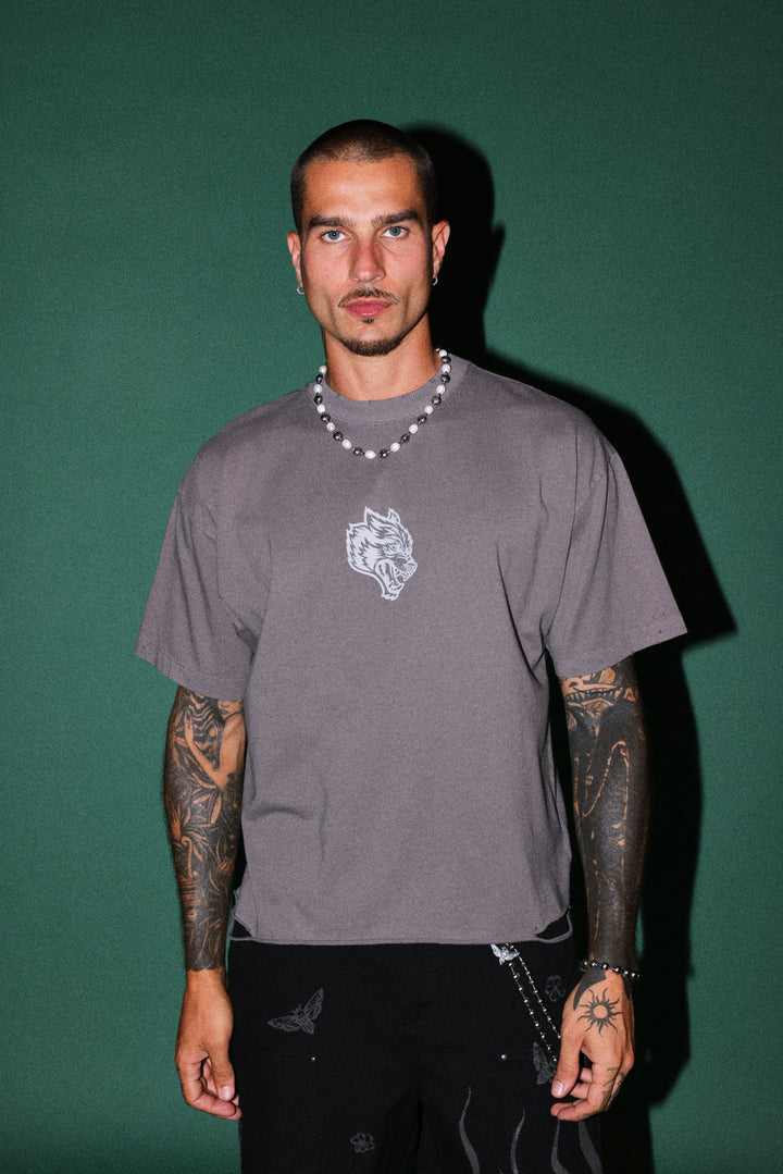 Wolves Oni Cherub Distressed Grunge Unisex Tee in Slate Gray