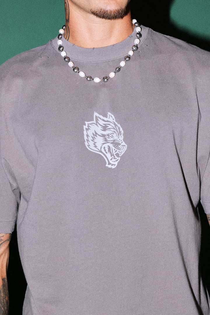 Wolves Oni Cherub Distressed Grunge Unisex Tee in Slate Gray