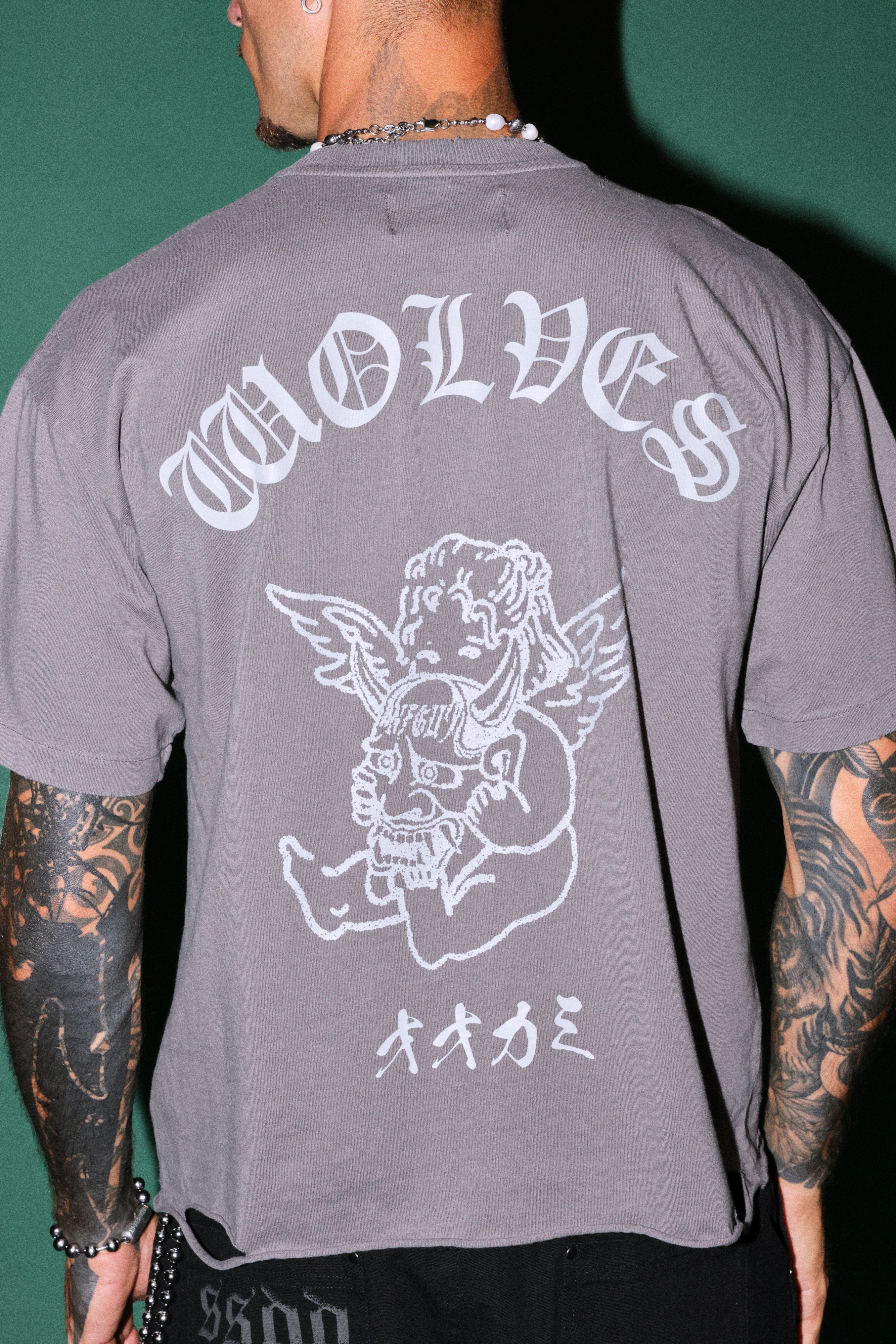 Wolves Oni Cherub Distressed Grunge Unisex Tee in Slate Gray
