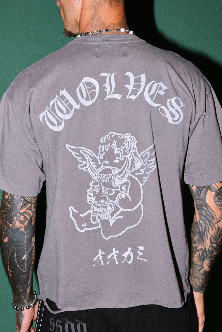 Wolves Oni Cherub Distressed Grunge Unisex Tee in Slate Gray