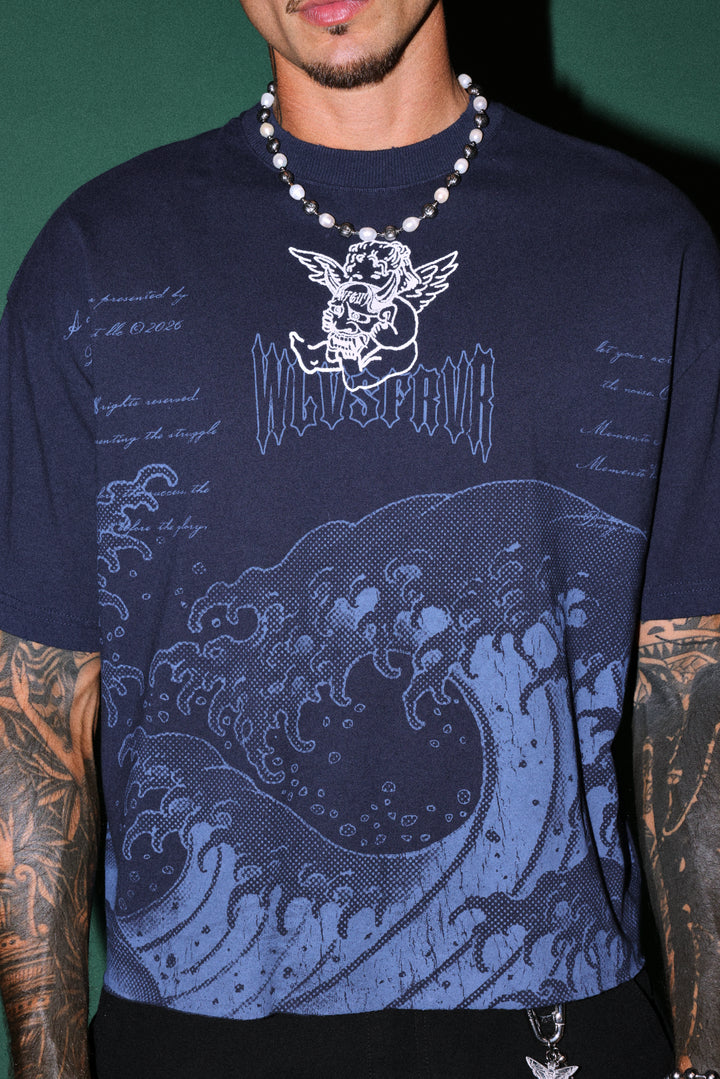 The Great Wave Distressed Grunge Box Cut Tee V2 in Navy