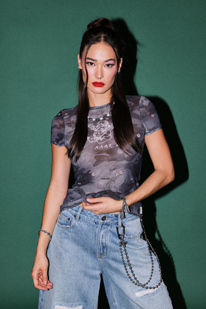 Oni Cherub Leah Mesh Ss Tee in Warrior In A Garden Black Camo