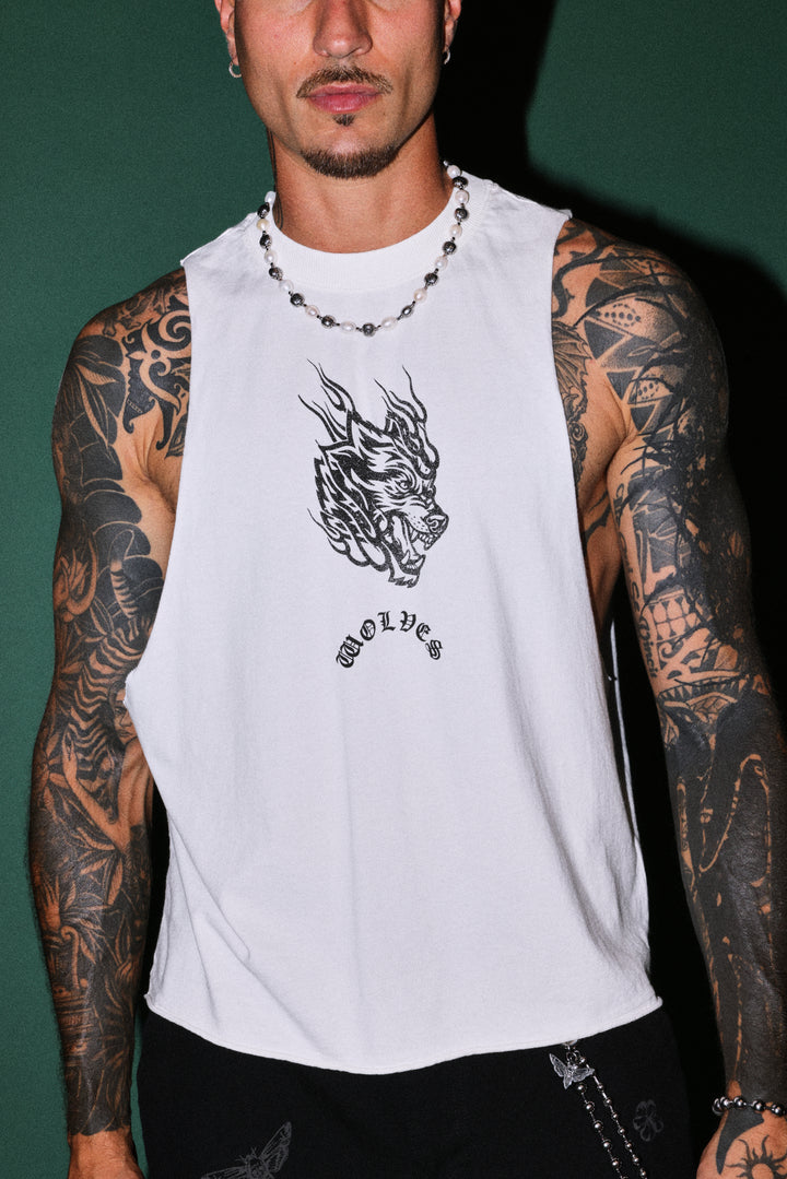 Okami Inferno Grunge Raw Hem Box Cut Tommy Muscle Tee in Cream