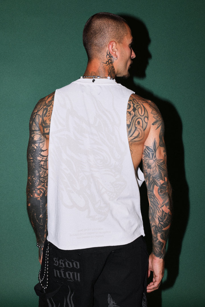 Okami Inferno Grunge Raw Hem Box Cut Tommy Muscle Tee in Cream