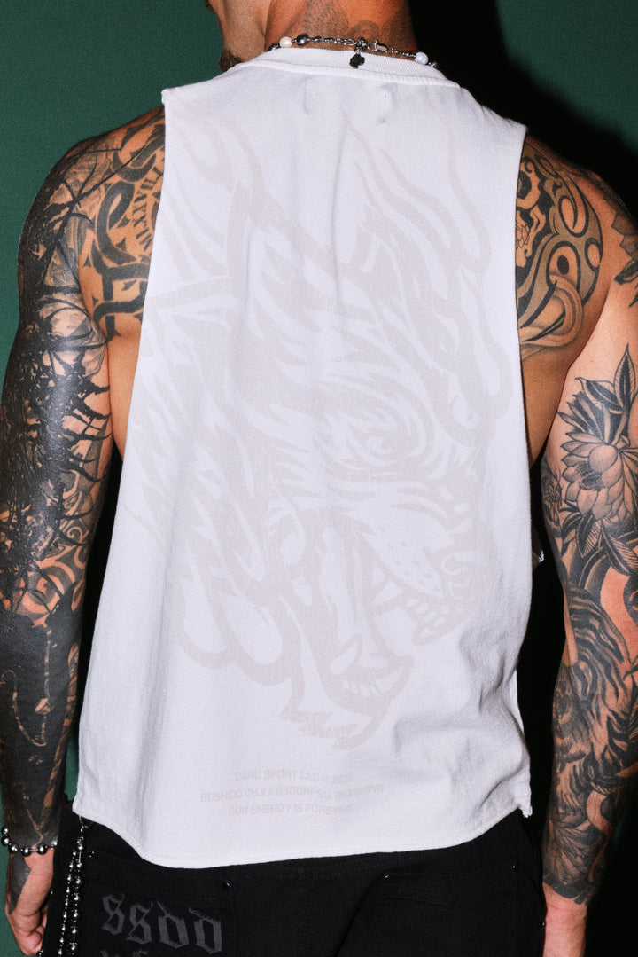Okami Inferno Grunge Raw Hem Box Cut Tommy Muscle Tee in Cream
