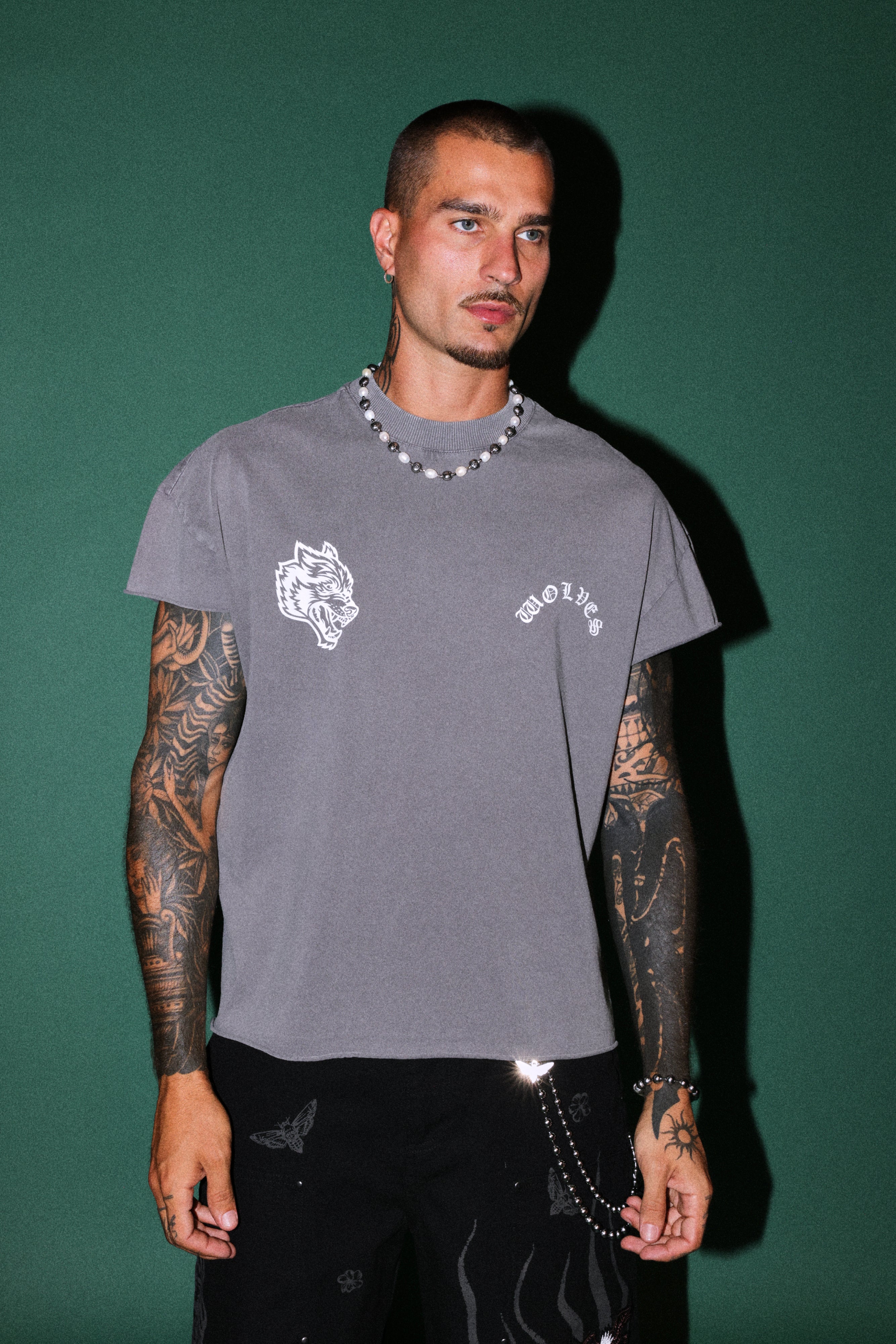Steel Code Grunge Mid Length Raw Hem Cap Sleeve Tee in Slate Gray