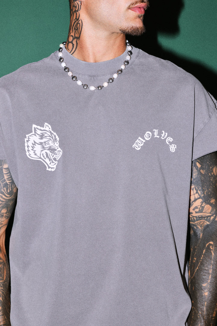 Steel Code Grunge Mid Length Raw Hem Cap Sleeve Tee in Slate Gray