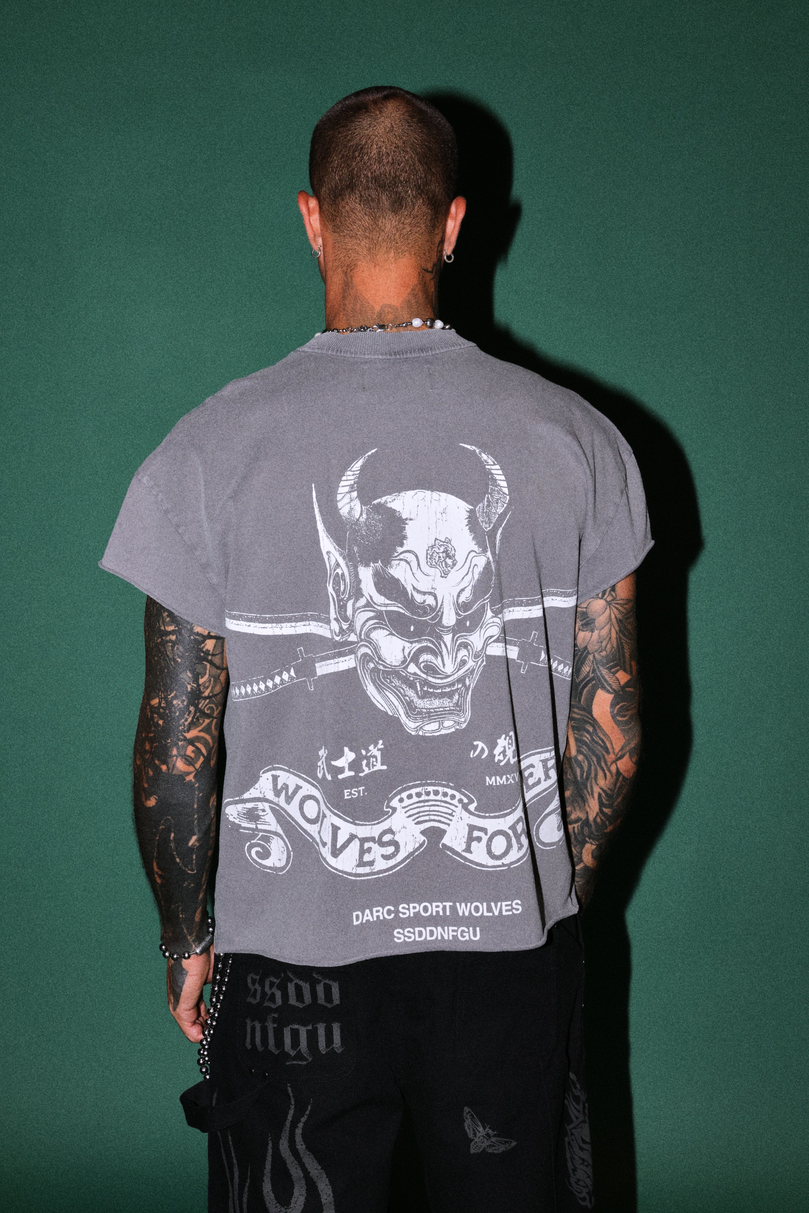 Steel Code Grunge Mid Length Raw Hem Cap Sleeve Tee in Slate Gray