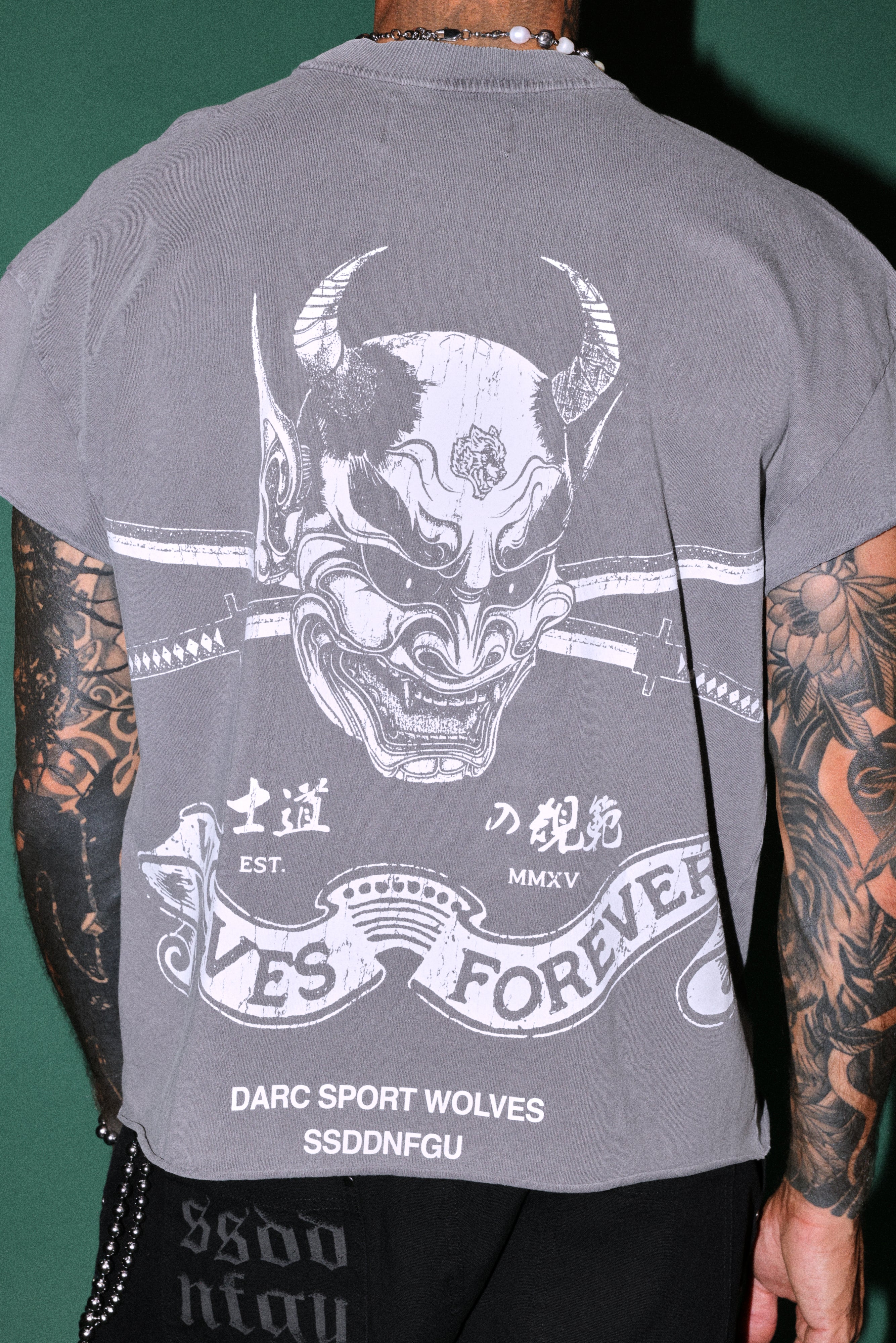 Steel Code Grunge Mid Length Raw Hem Cap Sleeve Tee in Slate Gray