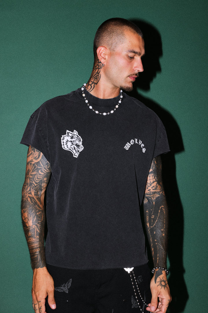 Steel Code Grunge Mid Length Raw Hem Cap Sleeve Tee in Black