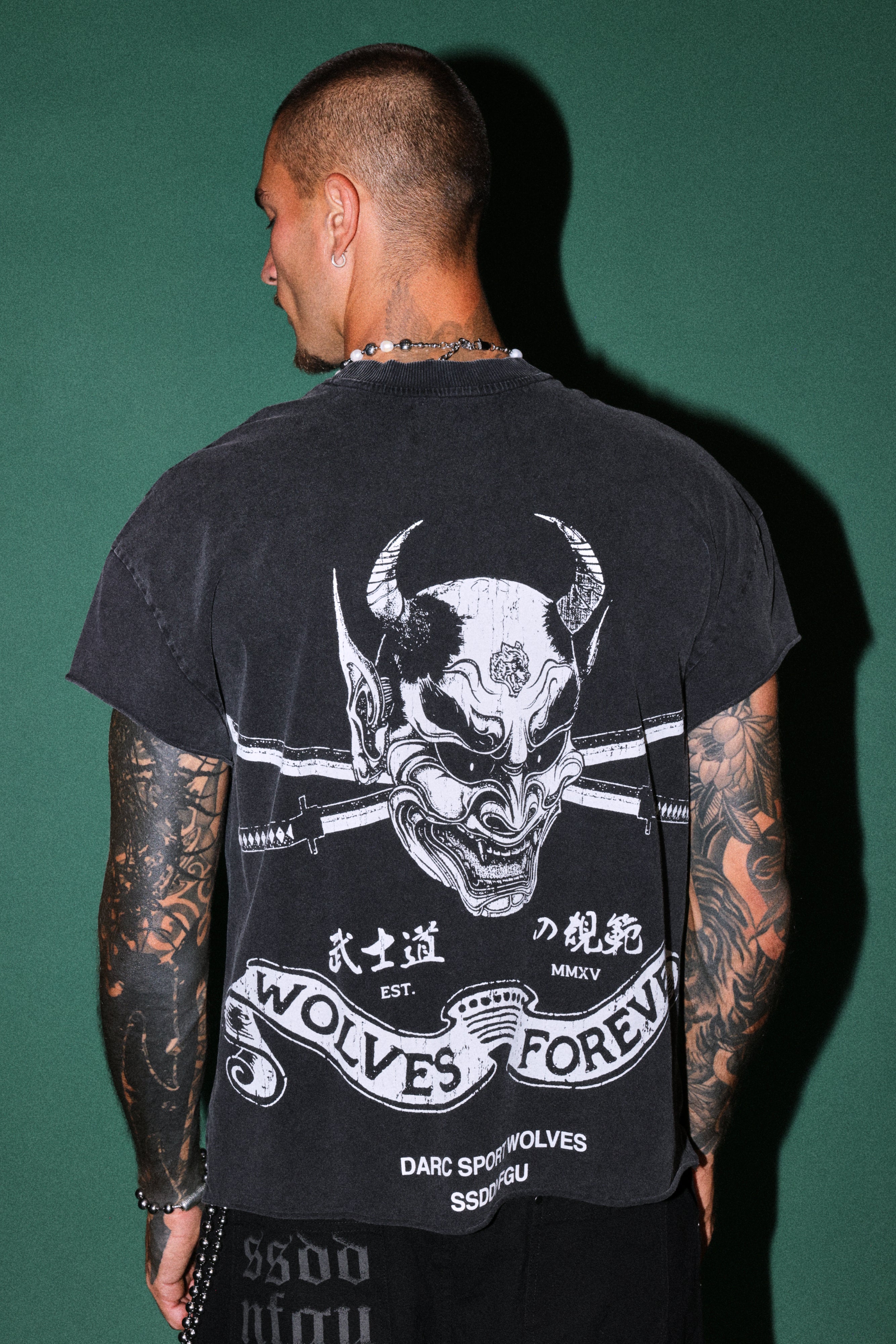 Steel Code Grunge Mid Length Raw Hem Cap Sleeve Tee in Black