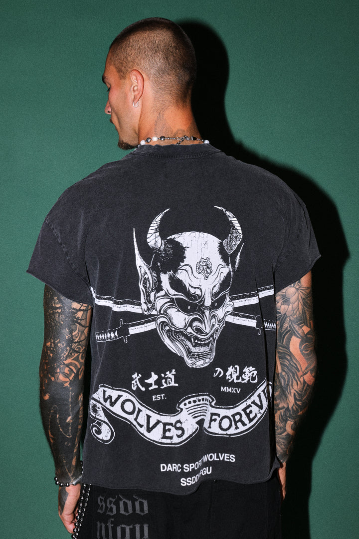 Steel Code Grunge Mid Length Raw Hem Cap Sleeve Tee in Black