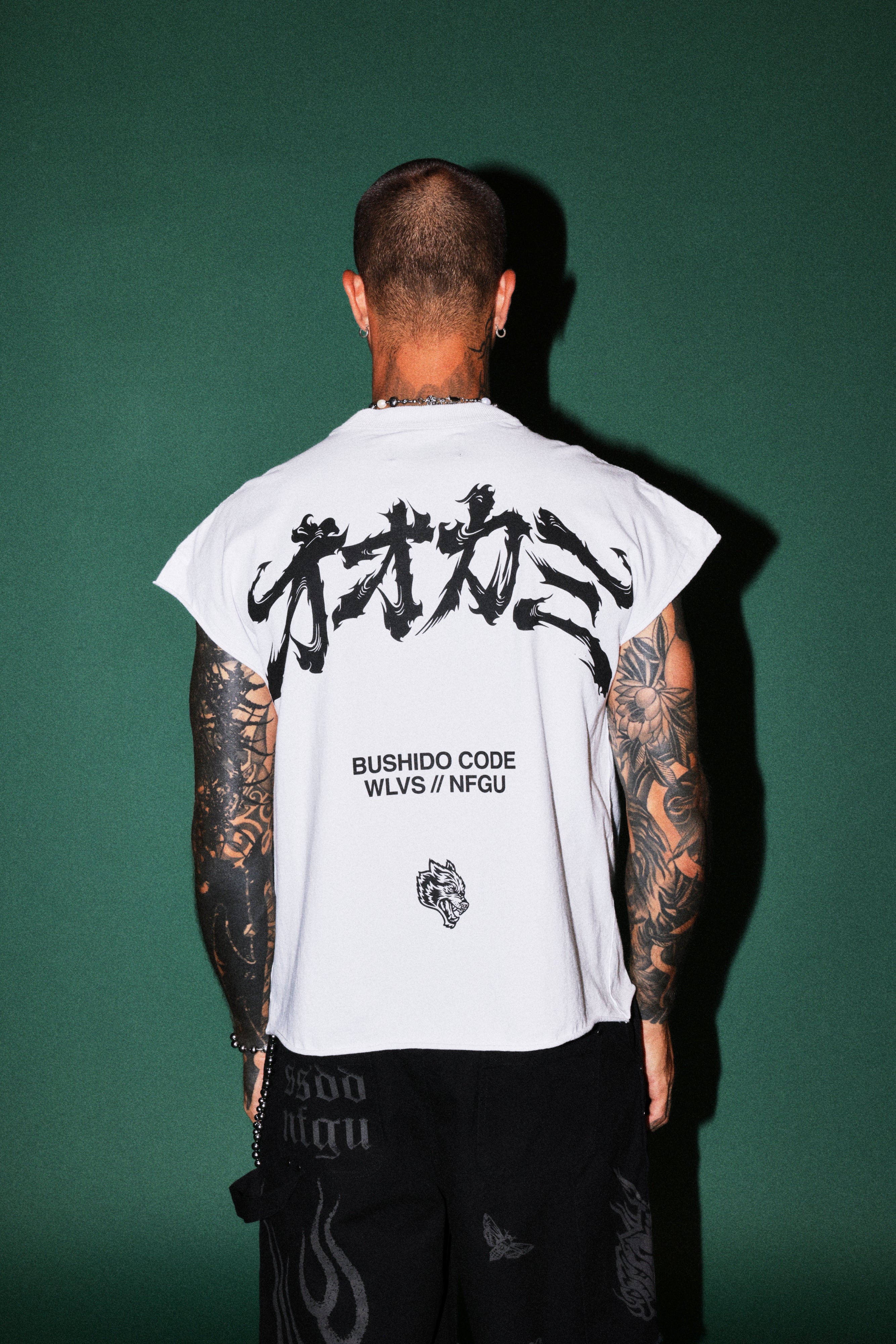 Okami Bushido Grunge Cut-Off Mid Length Raw Hem Tee in White