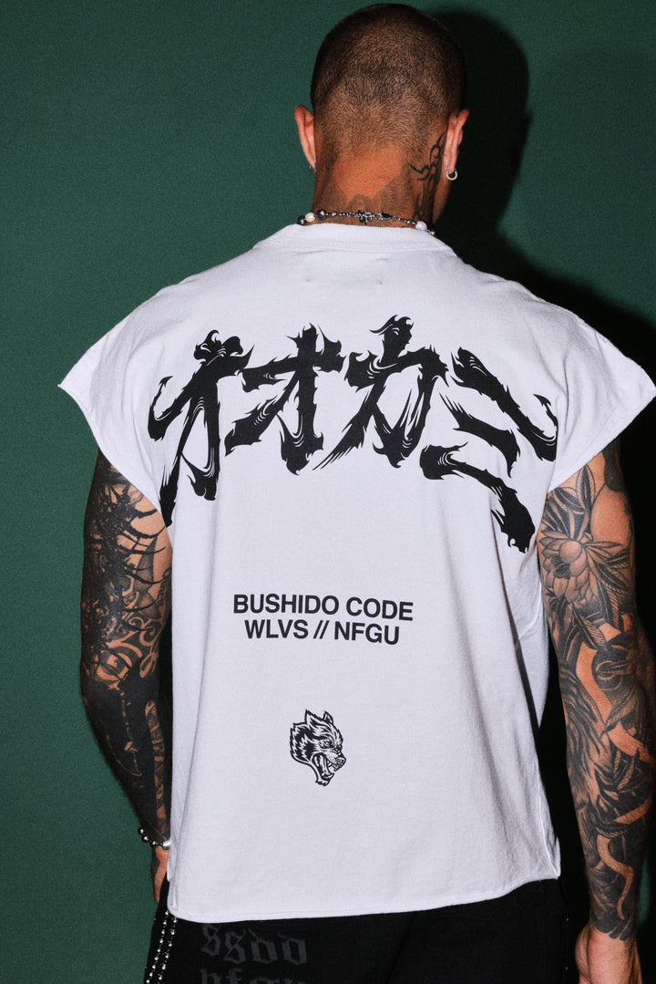 Okami Bushido Grunge Cut-Off Mid Length Raw Hem Tee in White