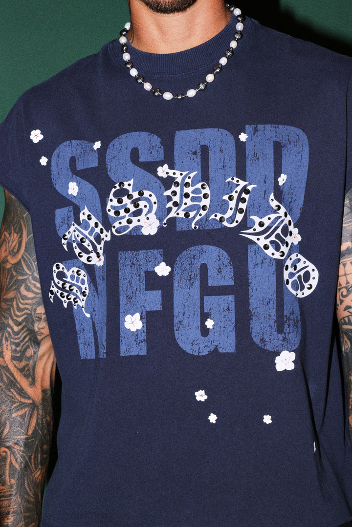 Ssddnfgu Bushido Grunge Cut-Off Mid Length Raw Hem Tee in Navy