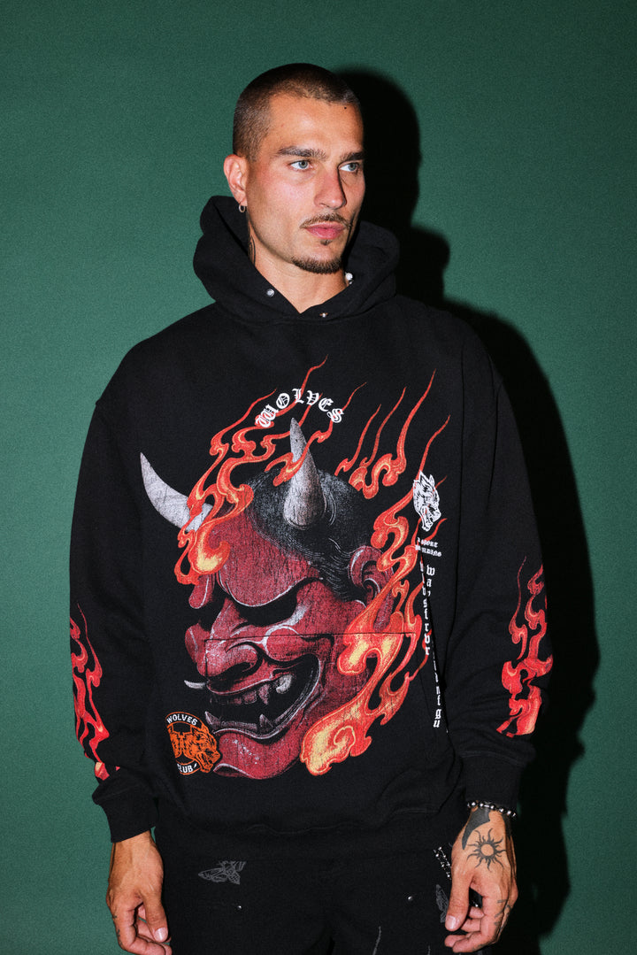 Wolves Club Oni Inferno Pierce Hoodie in Black
