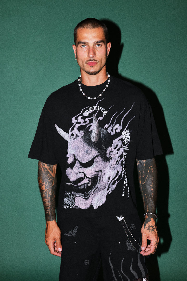 Wolves Club Oni Inferno Distressed Grunge Box Cut Tee V2 in Black
