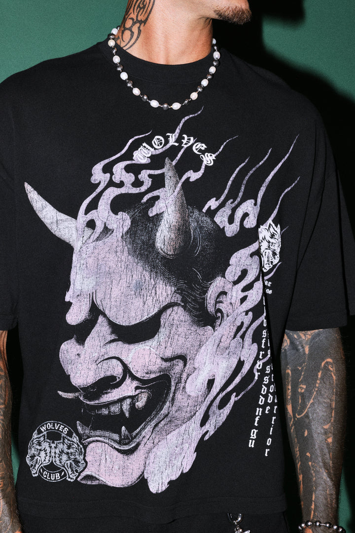 Wolves Club Oni Inferno Distressed Grunge Box Cut Tee V2 in Black