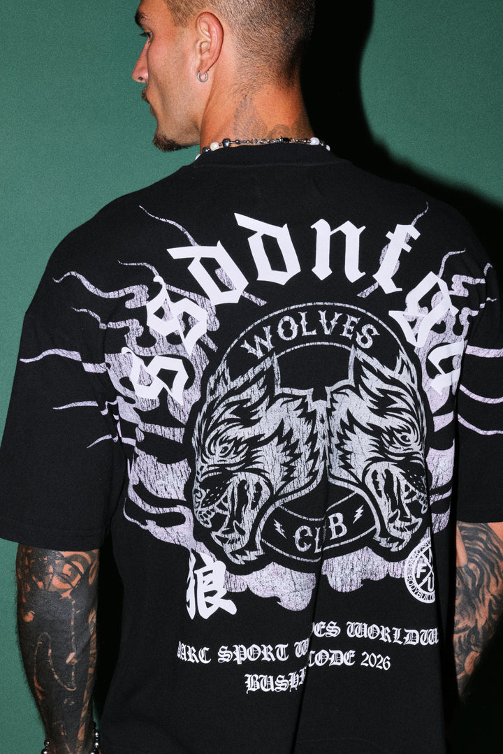 Wolves Club Oni Inferno Distressed Grunge Box Cut Tee V2 in Black
