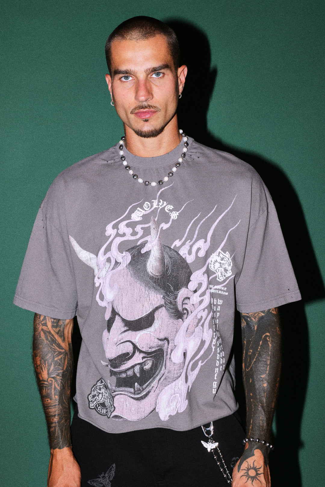 Wolves Club Oni Inferno Distressed Grunge Box Cut Tee V2 in Slate Gray