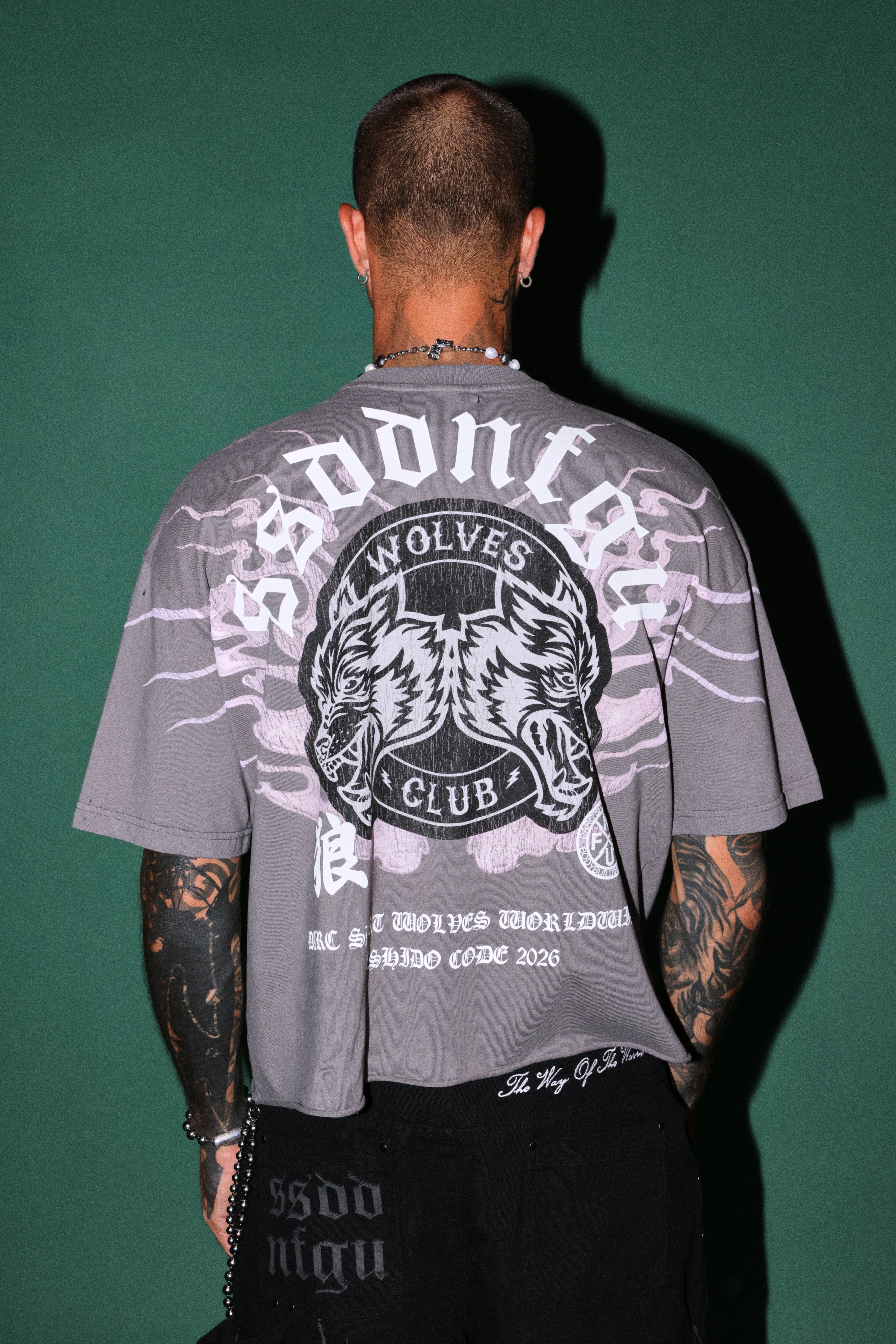 Wolves Club Oni Inferno Distressed Grunge Box Cut Tee V2 in Slate Gray