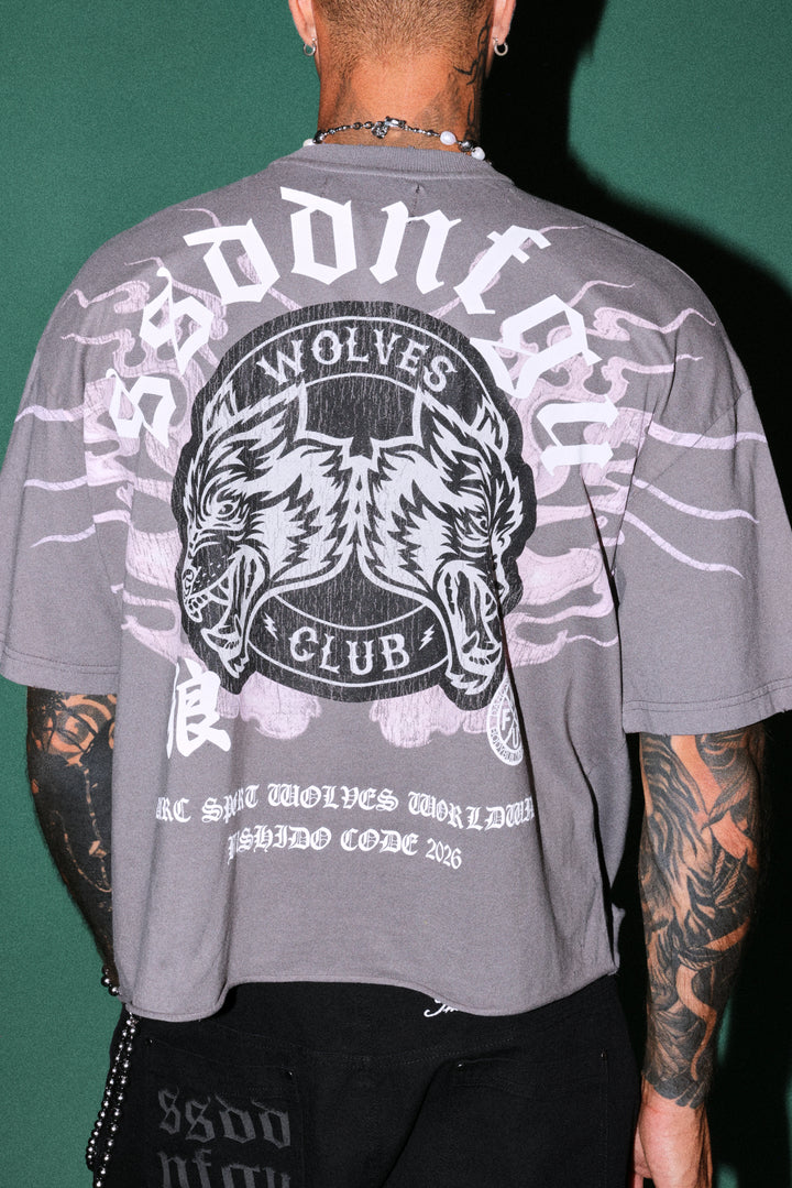 Wolves Club Oni Inferno Distressed Grunge Box Cut Tee V2 in Slate Gray