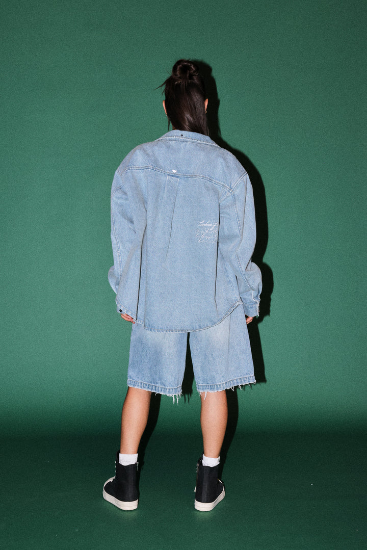 Wlvsfrvr Patch Winslow Denim Shirt Jacket in Light Wash