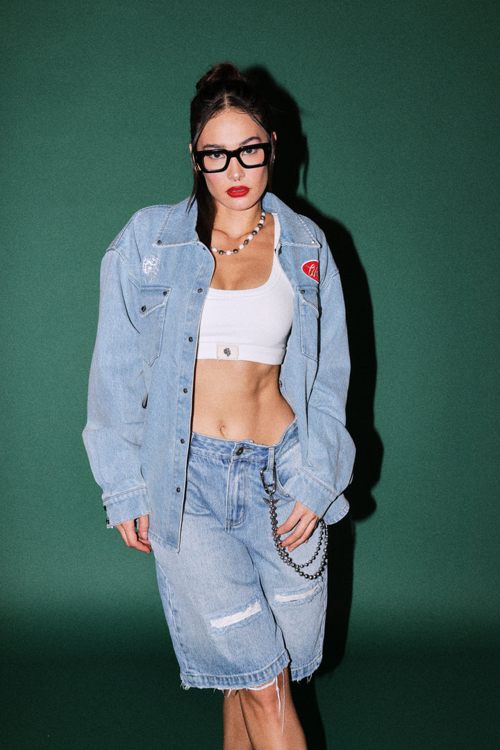 Wlvsfrvr Patch Winslow Denim Shirt Jacket in Light Wash
