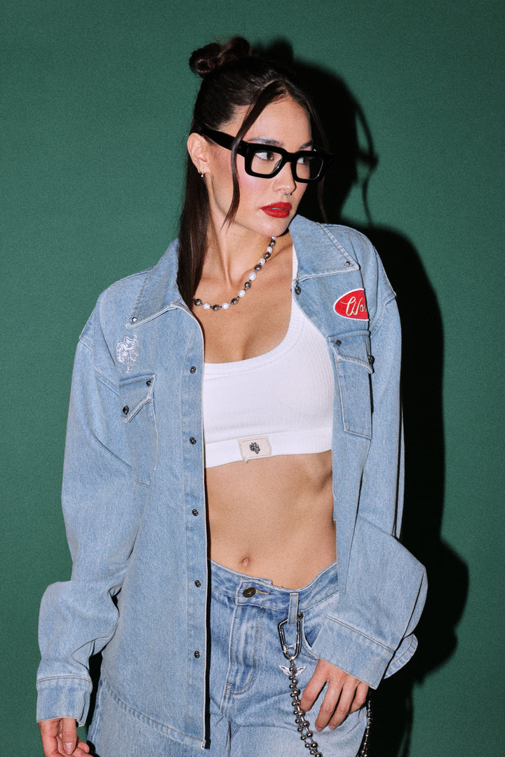 Wlvsfrvr Patch Winslow Denim Shirt Jacket in Light Wash