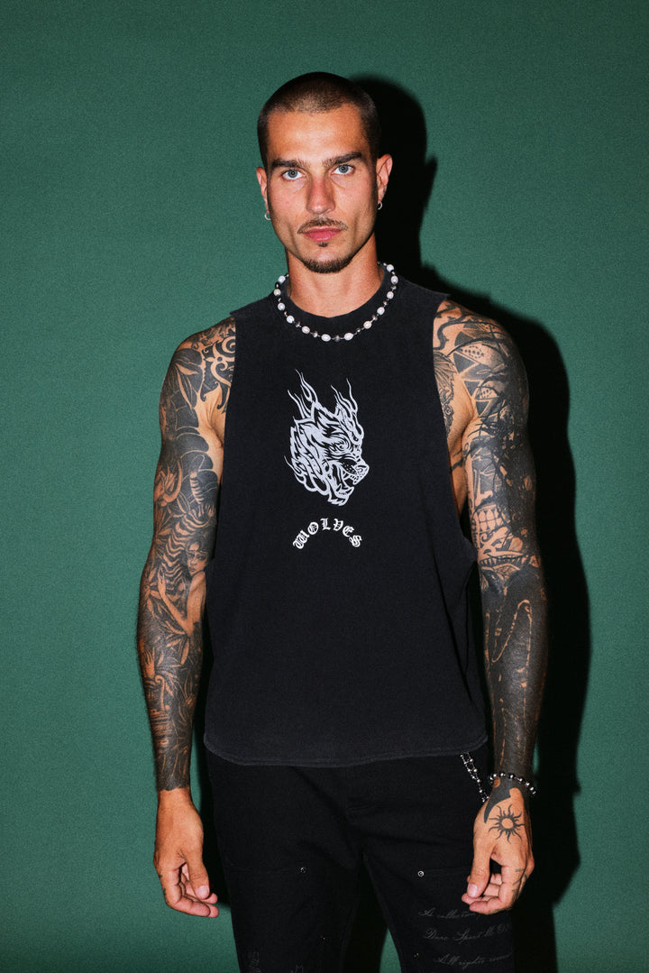 Okami Inferno Grunge Raw Hem Box Cut Tommy Muscle Tee in Black