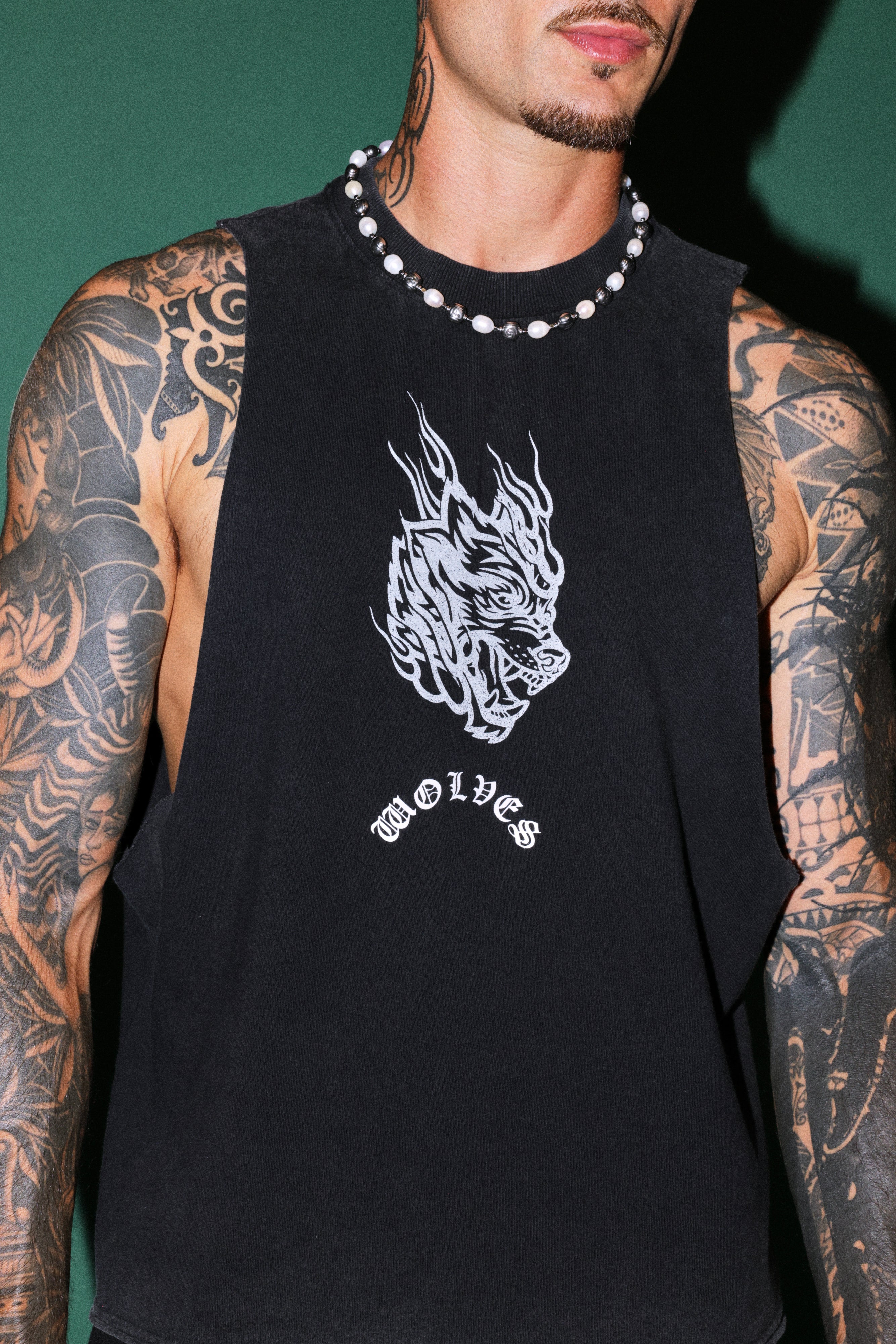 Okami Inferno Grunge Raw Hem Box Cut Tommy Muscle Tee in Black