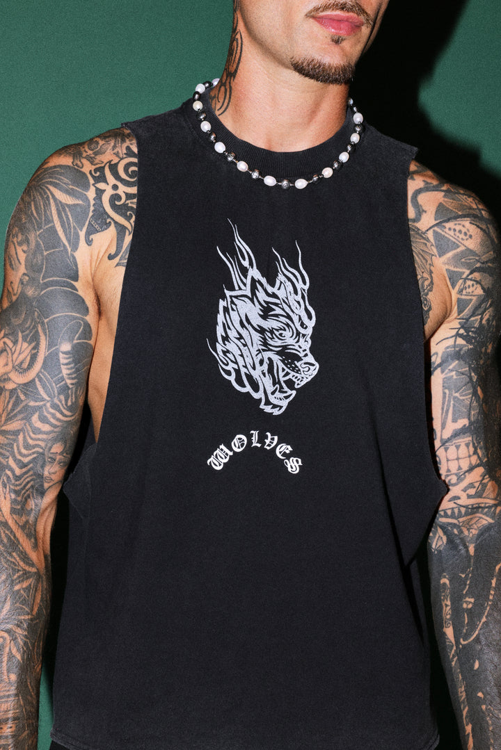 Okami Inferno Grunge Raw Hem Box Cut Tommy Muscle Tee in Black
