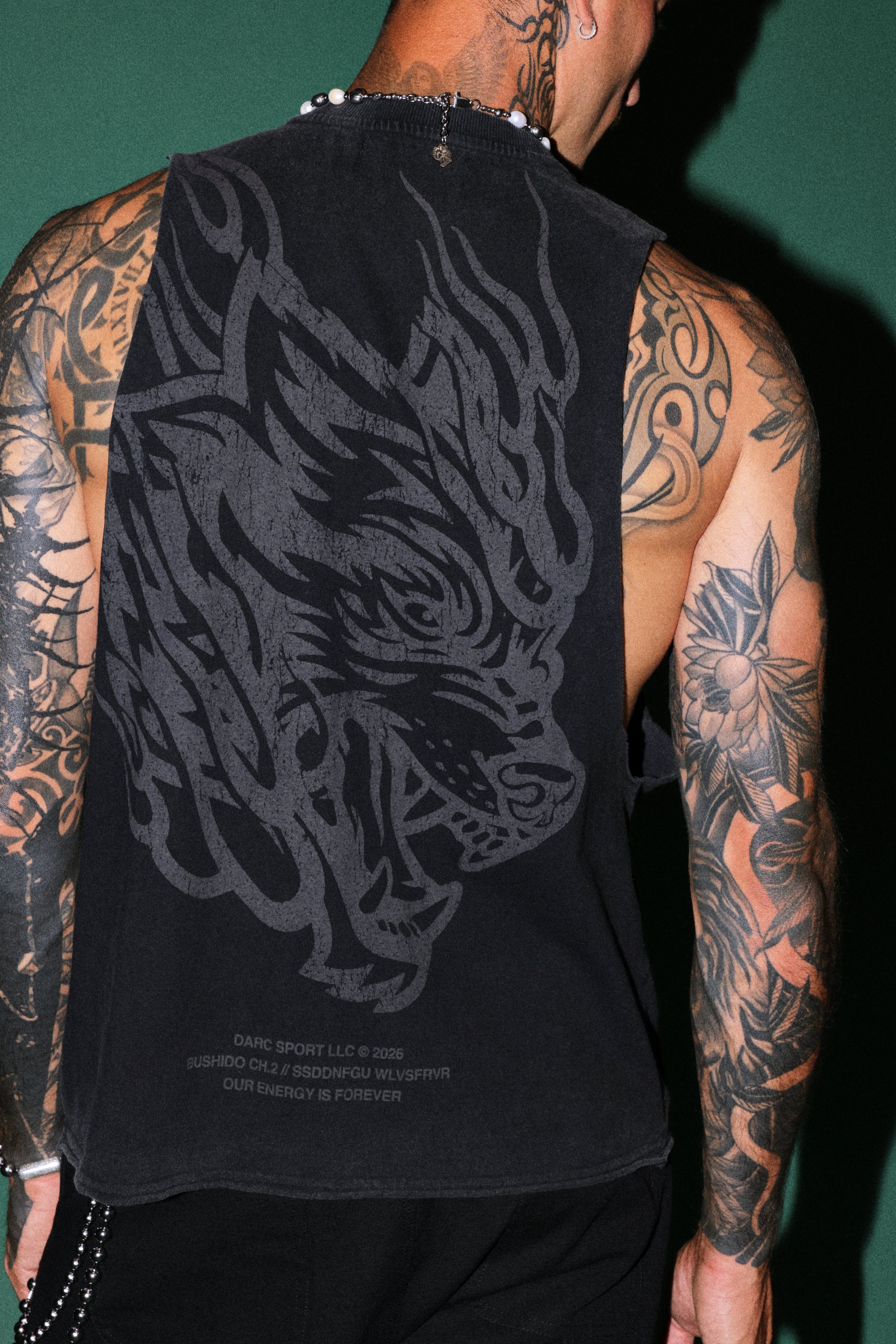Okami Inferno Grunge Raw Hem Box Cut Tommy Muscle Tee in Black