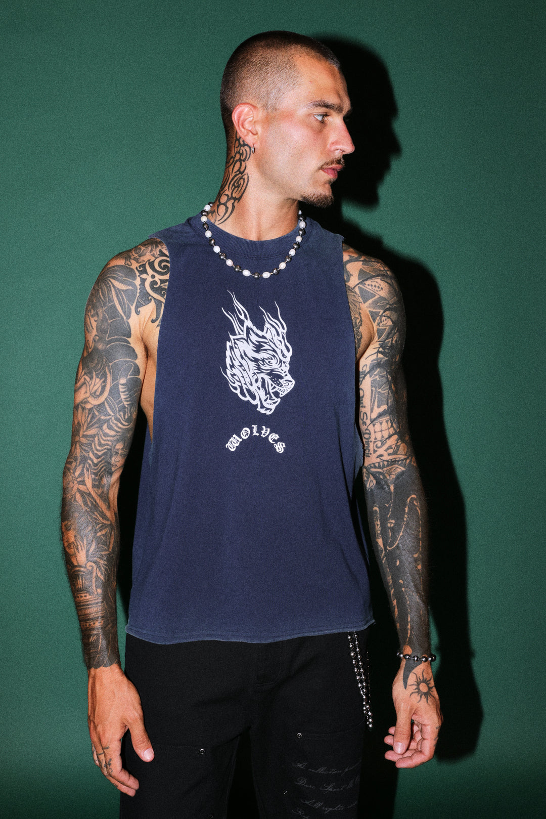Okami Inferno Grunge Raw Hem Box Cut Tommy Muscle Tee in Navy