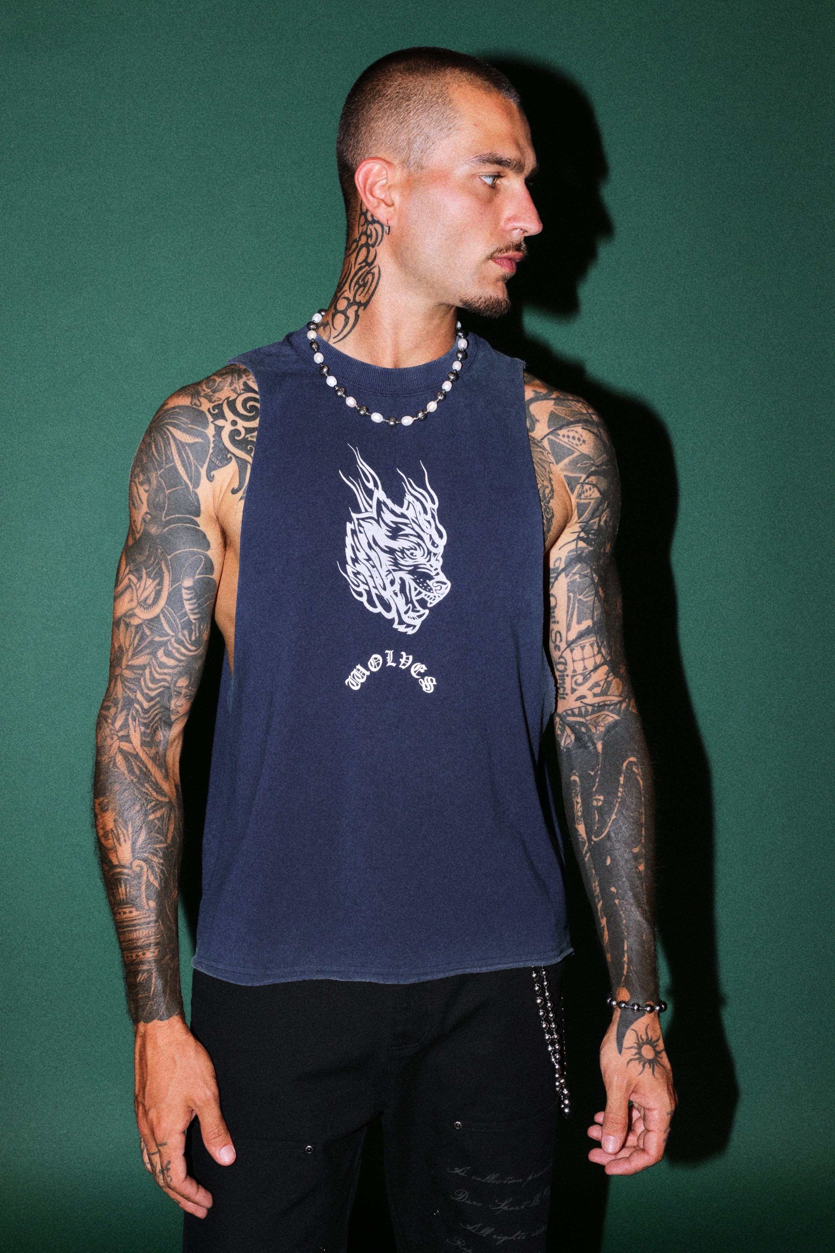 Okami Inferno Grunge Raw Hem Box Cut Tommy Muscle Tee in Navy